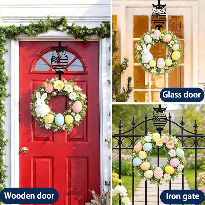Easter Wreath Hangers for Front Door, Holiday Decorations.Owl Over The Door Hooks 15" Metal Daily Front Door Hangers Sturdy Wreath Holder for Xmas Party Festival Front Porch Home Deco