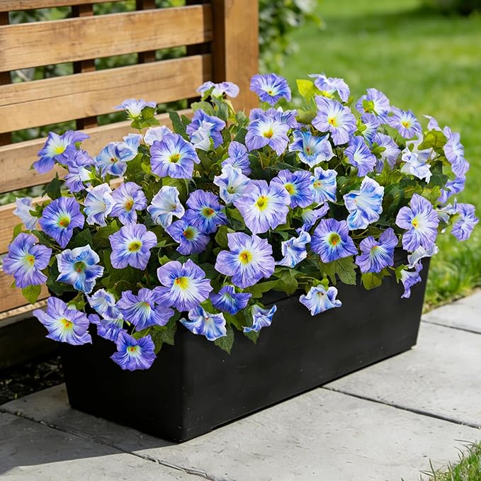 6 Pcs Artificial Petunia Flowers for Outdoor, Fake Spring Petunias Faux Silk Flowers for Outdoors UV Resistant Plants for Planters Garden Porch Patio Window Box Indoor Table Decor(White Blue)