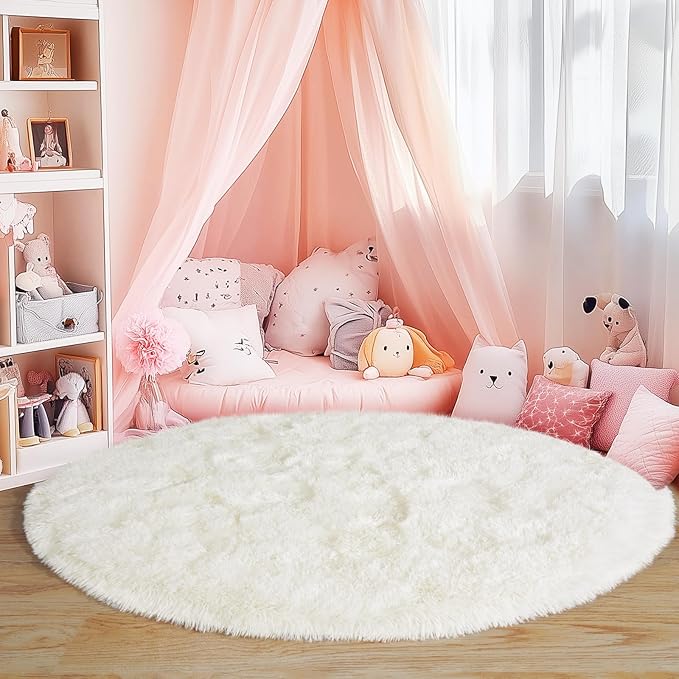 3'x3' Cream Round Rugs for Girls Bedroom, Ultra Soft Fluffy Circle Rug for Kids Room, Cute Small Shag Rugs for Living Room Playroom Tent Castle Home Decor Rug