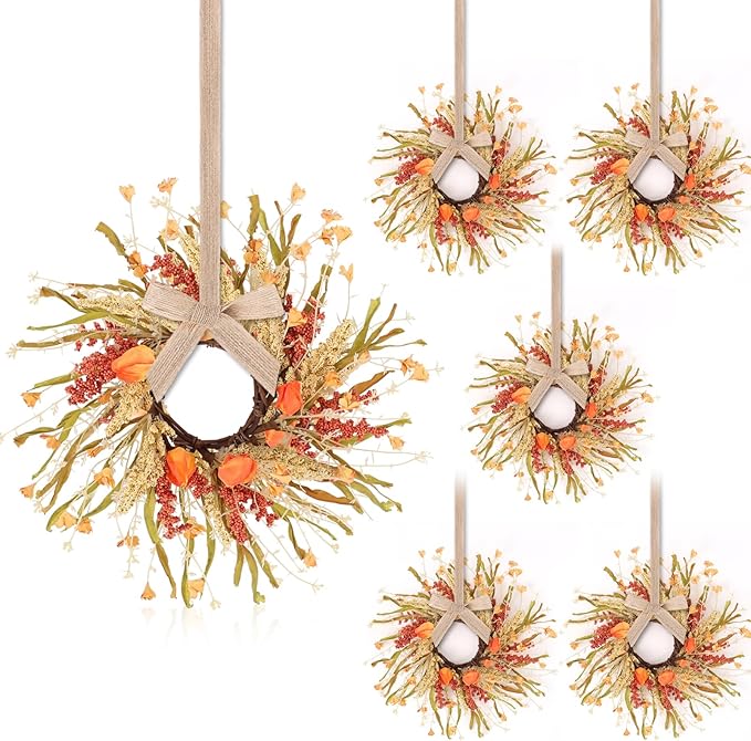 6 Pcs 9 inch Fall Wreaths Thanksgiving Artificial Swag Wreaths Autumn Hanging Wreath Harvest Candle Rings for Cabinets Farmhouse with Ribbon for Front Door Porch Wall Window Decoration
