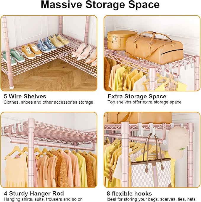 E15 Garment Rack L Shaped Clothes Rack for Corner，Freestanding Clothing Racks for Hanging Clothes，Heavy Duty Closet Organizer with 4 Hanging Rods & 8 S Hooks，43.4" W x 15.8" D x 78.4" H，Pink