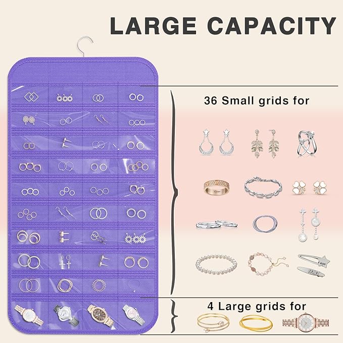 Hanging Jewelry Organizer Storage, 40 Pockets 36 Hooks Necklace Earring Necklace Bracelet Ring Organizer, Double - Sided Design, Purple