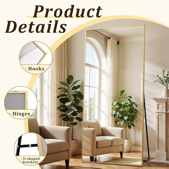 BEAUTYPEAK 80"x40" Rectangle Full Body Floor Mirrors, Full Length Mirror Hanging or Leaning, Aluminum Alloy Frame Wall Mirror for Bedroom, Dressing Room, Gold