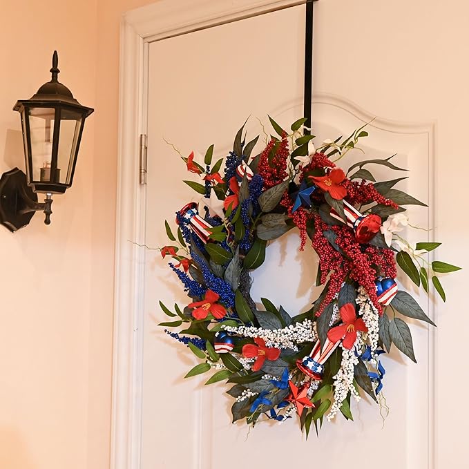 DecorbyHannah Patriotic Wreaths for Front Door, 22 inch 4th of July Wreath for Independence Day, Flag Day, Collapsible Red White Blue Wreath Decorations with Top Hat Ornament for USA 250th Holiday