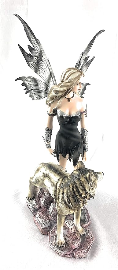 Warrior Fairy and Snow Wolf Fantasy Collectible Statue Figurine, 11X8 inches