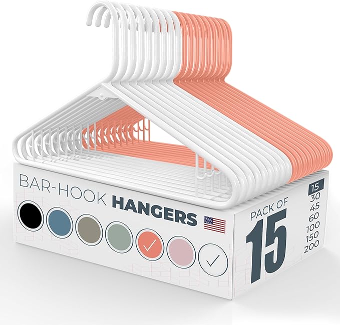 Neaties Plastic Hangers 15 Pack - Made in the USA - 6lb Capacity Standard Clothes Hangers with Strap Hooks for Dresses, Lingerie, Shirts, Pants, and Jackets - White & Orange