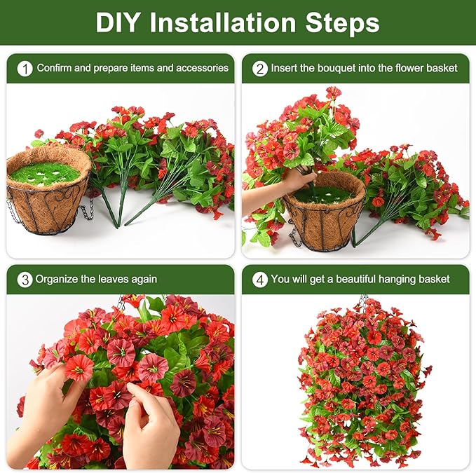 Artificial Fake Hanging Flowers Plants Baskets for Outdoor Spring Summer Decorations,Resistant Faux Morning Glory Silk Plants for Outside UV Resistant Patio Yard Home Porch Decor(Red Brown)