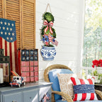 4th of July Large Size Chinoiserie Bonsai Door Hanger Patriotic Topiary Wooden Sign Front Door Home Wreath Red White and Blue Ornament for 250 Anniversary Independence Day Indoor Outdoor Yard Porch