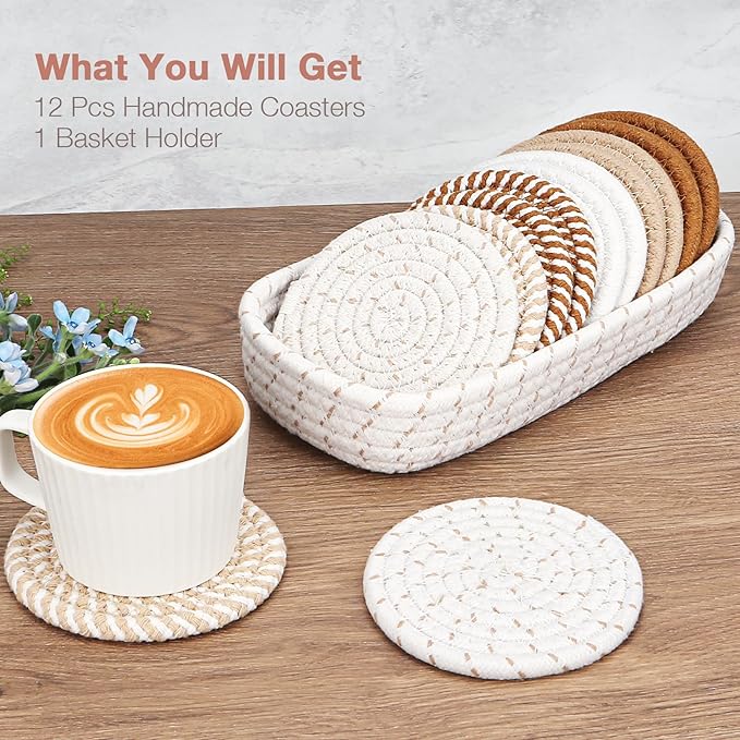 Coasters for Drinks, 12 Pack Coasters, Coaster Set of 6 Color, Suitable for Morhers Day, Gift for Mothers Day Best Choice, Mom Gifts, Brown + Basket, Dining Room Decor, Ditchen Table Decor