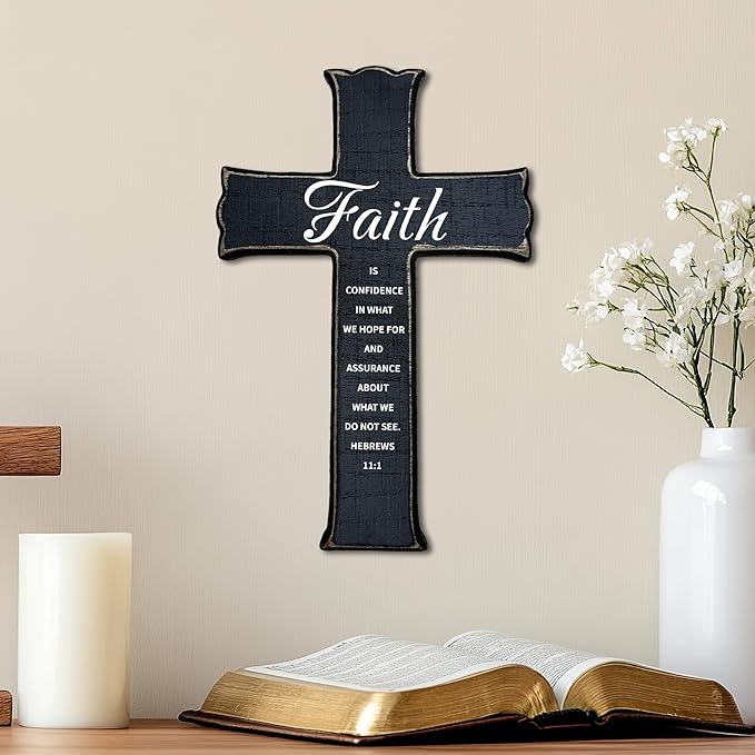 dsjaidh Cross Wall Decor - Black Scripture Wooden Cross For Wall - Gothic Wooden Hanging Signs Christian Easter Decor for Home Office Church Baptism - Christian Gifts for Men Women (Faith) - A07