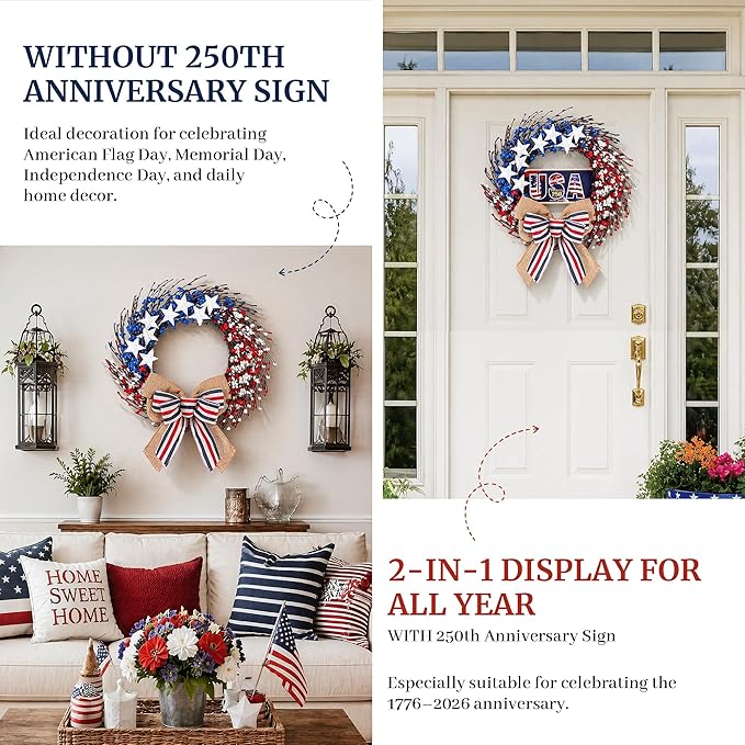 4th of July Wreath, 20 inch Patriotic Wreaths for Front Door, Red White Blue American Independence Day Memorial Day Flag Day 250th Anniversary Patriotic Home Decor Indoor Outdoor