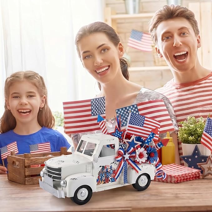 Threehoney Farmhouse Truck Decor 12.2 Inch Vintage White Metal Truck with 16 Magnet Patriotic Table Decoration Summer Centerpieces for Home Kitchen 4th of July Holiday Interchangeable Decor