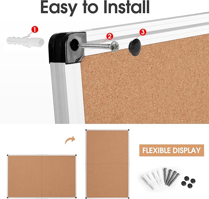 Extra Large Cork Bulletin Board 60" X 36", Foldable Notice Pin Board for Wall, Silver Aluminum Framed 5'x3' Corkboard, Wall Mounted Noticeboard with 36 Push Pins for School, Home & Office