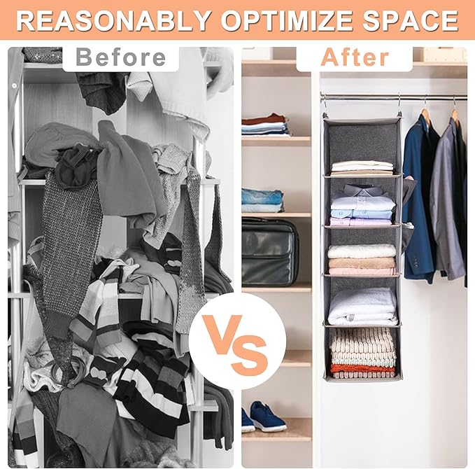 BOOMIBOO Hanging Closet Organize and Shelves，5-Hanging Shelf with 2 Side Pockets，Storage Foldable （2 Pack ，Beige）