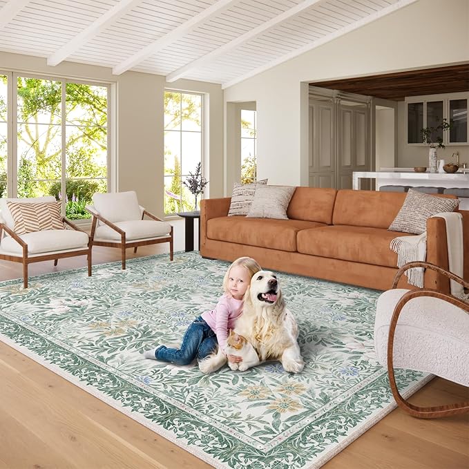 Botanical Floral Area Rug 8x10 Light Green Cream Vintage Garden Design, Perfect for Living Room, Bedroom, Kids Room, Nursery - Stain & Water Resistant Non-Slip, Pet & Child Friendly Area Rugs