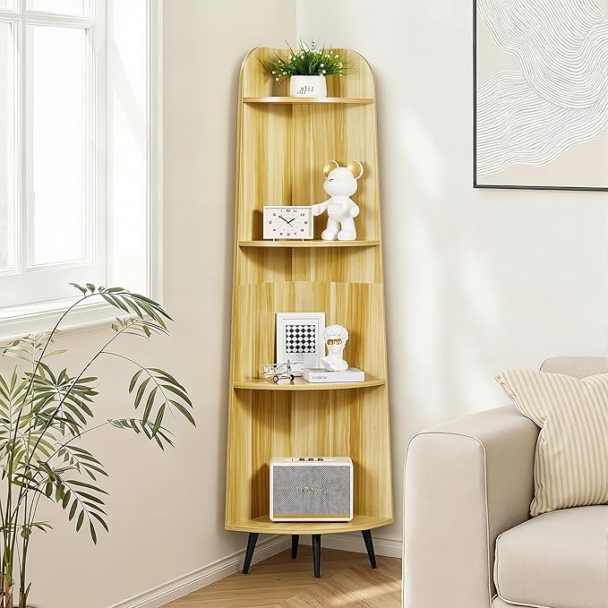VECELO Large Tall Corner Shelf, 66.93" H 4-Tier Corner Storage Organizer, Freestanding Corner Display Rack for Living Room Bedroom Home Office, Natuarl Wood