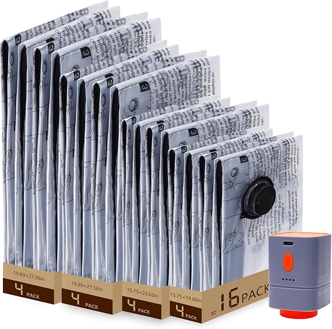 Fast-Charging Wireless Pump and 16 Pack Vacuum Compression Storage Bags,Multi-Size Combo 70% Space Saving for Clothing, Bedding & Seasonal Storage & Space Saver for Luggage