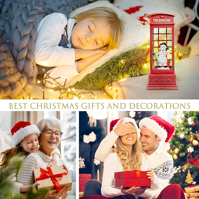 Large Snow Globes, Snowman Christmas Lantern,Glitter Vintage Phone Booth, 8 Songs, 6H Timer Battery & USB Powered, Music Box for Christmas Table Decorations