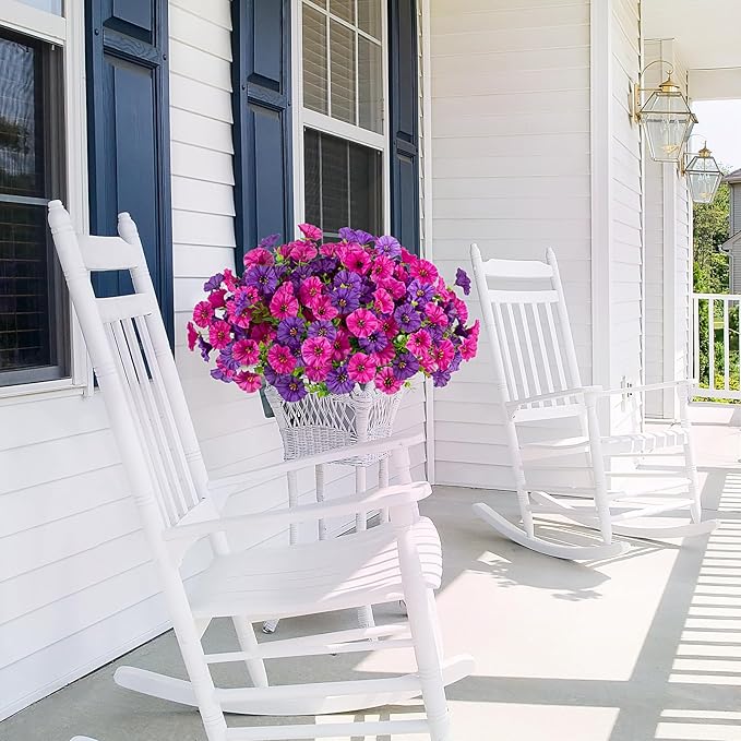 Artificial Flowers for Outdoors Decoration, 10 Bundles Fake Plastic Flower Plant, Faux Colorful Silk Morning Glory Petunias for Spring Summer Outside Garden Porch Front Door Decor, Purple