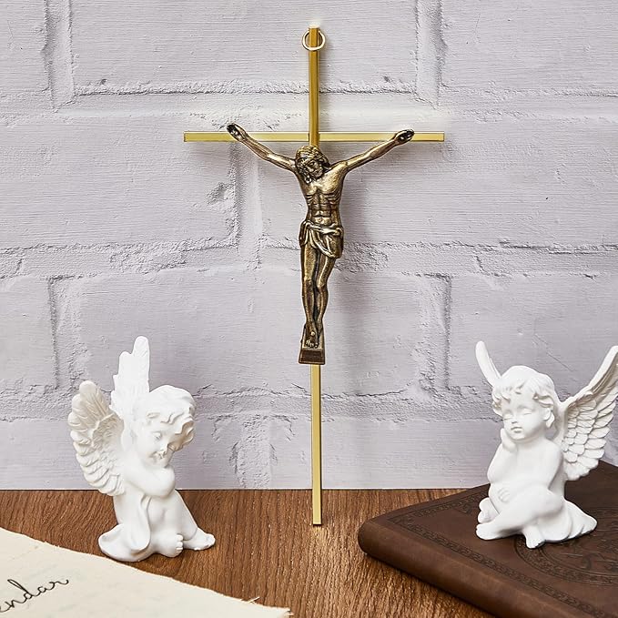 Leinuosen 4 Pieces Crucifix Wall Cross Catholic Slender Metal Crosses Wall Decor for Home Decor Hanging Jesus, 10 x 5 x 1 Inches(Gold)