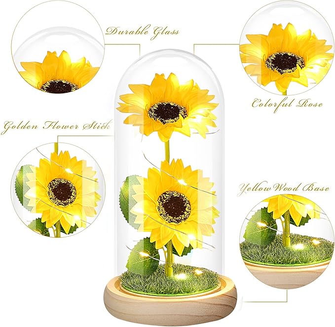 Valentines Day Rose Gifts for Her,Valentines Gifts for Women,Valentines Birthday Gifts for Women,Valentine's Day Flowers Gifts for Mom Girlfriend Wife,Sunflower In A Glass Dome Gifts for Valentine Day