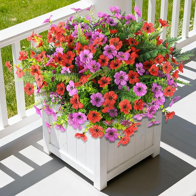 Homsunny Artificial Fake Flowers Plants for Outdoors, 12 Bundles Multicolor Fake Silk Daisy Flowers with Ferns Spring Summer Decor, UV Resisitant Faux Mums for Outside Planter Pot Front Porch Yard