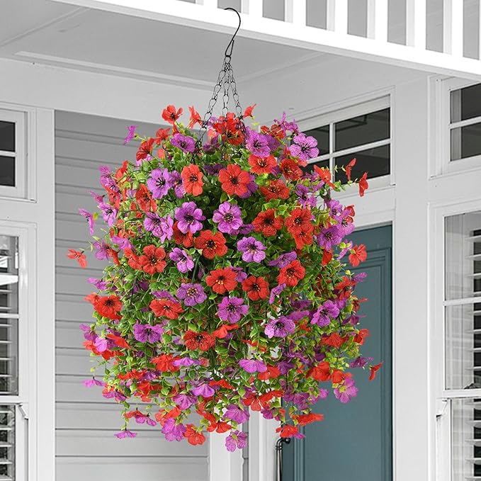 INQCMY Artificial Hanging Flowers with Basket for Spring Outdoor Decoration 3 Bunches of Silk Daisy Flower Uv Resistant for Garden Porch Patio Balcony Yard Decor (Red Purple)