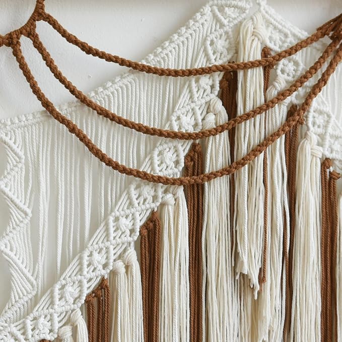 IOWER Boho Woven Wall Hanging Handwoven Brown and White Geometric Tapestry Handmade Macrame Decor for Modern Bedroom Living Room Apartment Office Home 47" W x 35" L