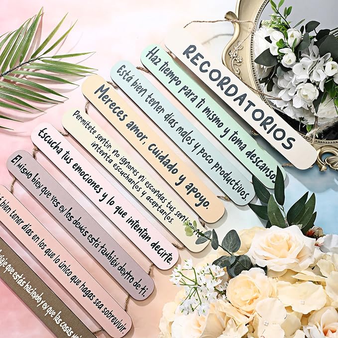 Yookeer Mental Health Reminders Wall Decors Wooden Hanging Art Counseling Room Decor Positive Psychology Affirmations Feelings Pediments for Home Counseling Office (Bright Color,Spanish Style)
