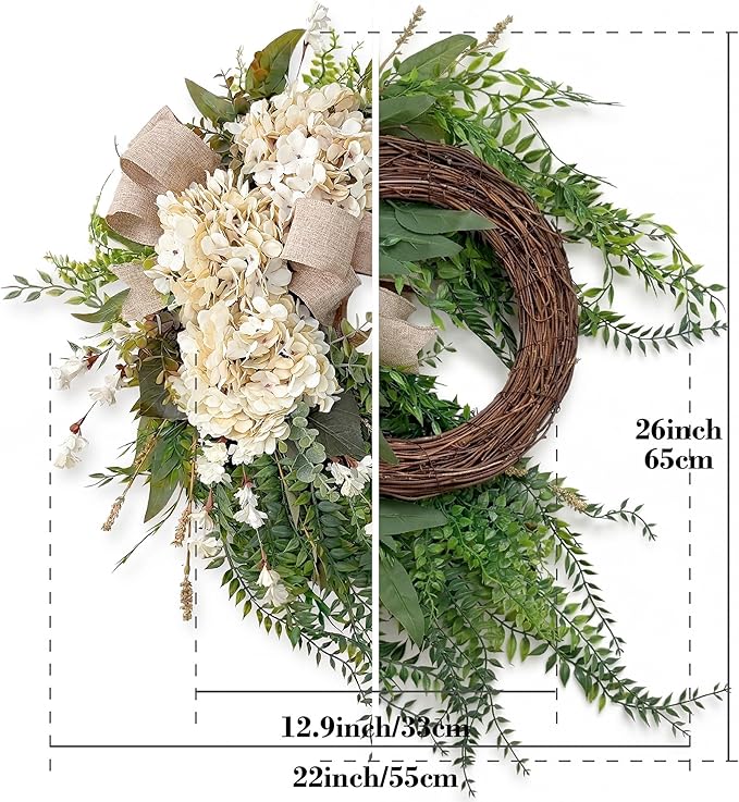 Hydrangea Wreath, 22 Inch Spring Wreath for Front Door, Summer Wreath with White Hydrangea, Greenery and Burlap Bow, Farmhouse Floral Door Wreath for Indoor Outdoor Wall Porch Décor