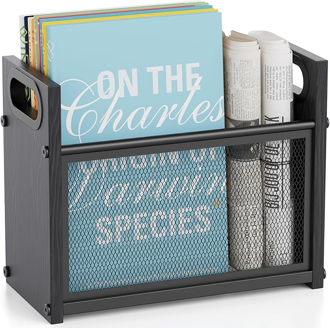 Black Magazine Holder, Wood Magazine Rack Floor, Mesh Magazine File Holder, Magazine Storage Basket, Magazine Holders for Classroom, Magazine Stand for Desk, Folder Organizer Bin for Books