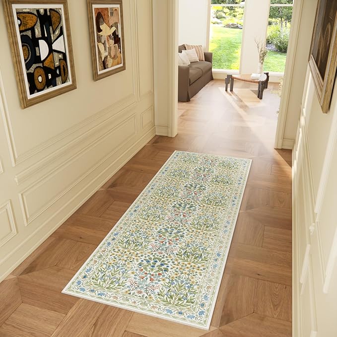 Non-Slip Bathroom Runner Rug 2x6 Feet, Washable Long Kitchen Hallway Laundry Mat, Beige Green Vintage Floral Design