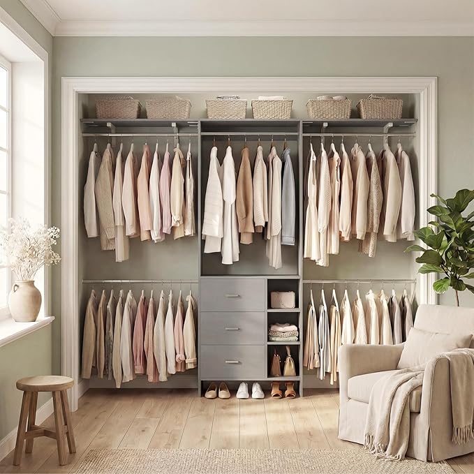 Aheaplus Closet System, Closet Organizer with 3 Wooden Drawers, 8FT Closet Organizer System, 96’’ Walk-in Closet Wardrobe Clothes Rack with Hanging Rods, Garment Rack, Fits 5.3-9 ft, -G6, Grey