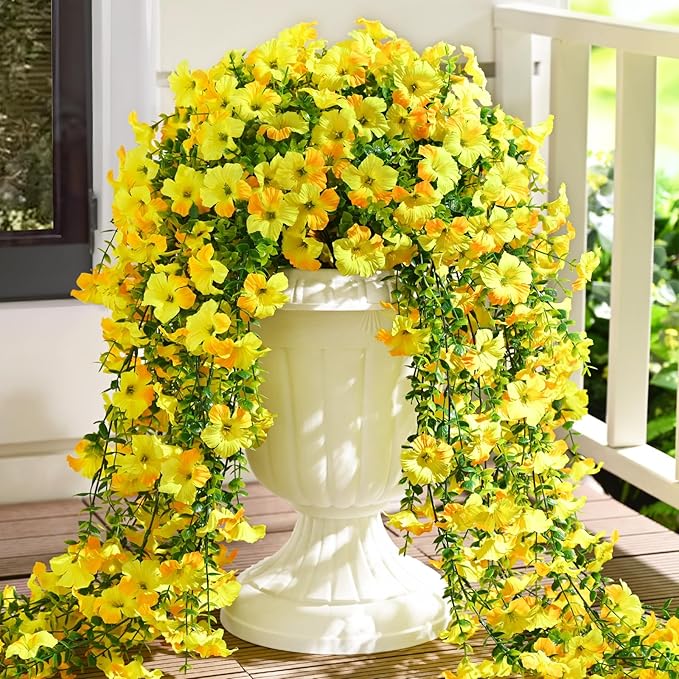 Waipfaru Artificial Petunias Flowers for Outdoors, 2 Pcs UV Resistant Fake Hanging Plants Spring Outside Decor, Faux Silk Flowers Long Trailing Vines for Outdoor Planters Porch Garden (Yellow)