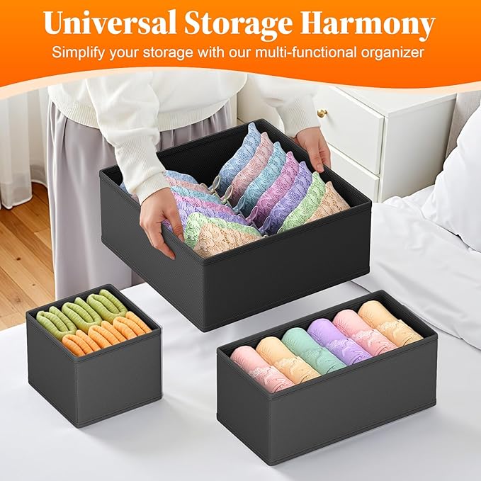 Drawer Organizer Clothes, 16 Pack Drawer Organizers and Underwear Organizer for Nursery, Dividers Clothes Organizer, Closet Organization and Foldable Storage Bins for Sock, Bra, Tie, Black
