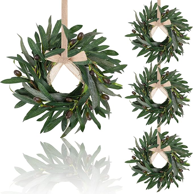 4 Pcs Artificial Green Olive Wreaths Greenery Wreath with Olive Leaves Mini Green Kitchen Cabinet Wreaths Swag Spring Summer Wreath for Front Door Porch Wall Window Farmhouse Wedding Decoration
