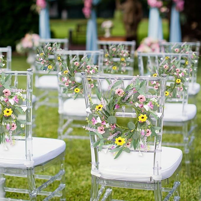 8 Pcs 9" Mini Spring Summer Flowered Wreath Floral Wedding Candle Rings Wreaths Kitchen Cabinet Wreaths with Ribbon for Pillars Wedding Table Centerpiece Farmhouse Party Home Door All Seasons Decor