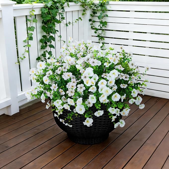 Artificial Flowers for Outdoors Faux Plants Outside Indoor,Realistic UV Resistant Silk Fake Daisy Petunias for Home Patio Garden Back Yard Front Poch Decor Spring Summer(12 Bunches,White)