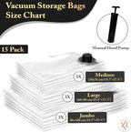 Vacuum Storage Bags 15 Pack with Hand Pump – Heavy Duty Space Saver Compression Bags for Clothes, Bedding, Travel & Home Storage