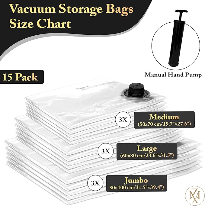 Vacuum Storage Bags 15 Pack with Hand Pump – Heavy Duty Space Saver Compression Bags for Clothes, Bedding, Travel & Home Storage