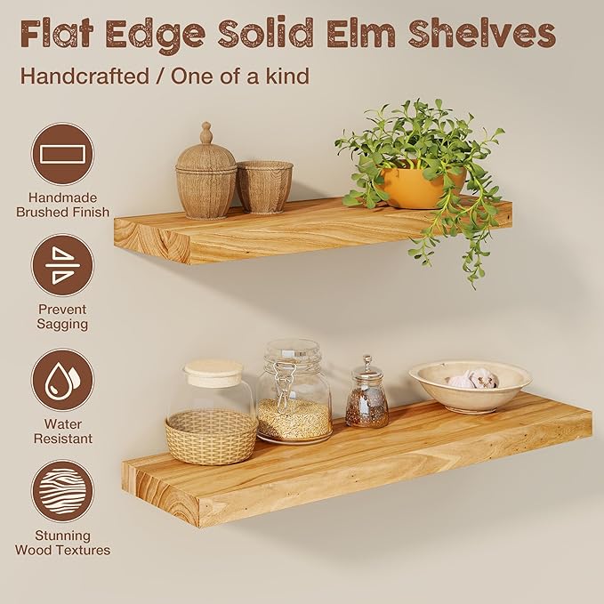fuqing Floating Shelves for Wall, 20 inch Rustic Solid Elm Wood Floating Shelves, Wooden Wall Shelves with Invisible Heavy Duty Brackets for Living Room, Bedroom, Kitchen, Bathroom, 2 Pack, Natural