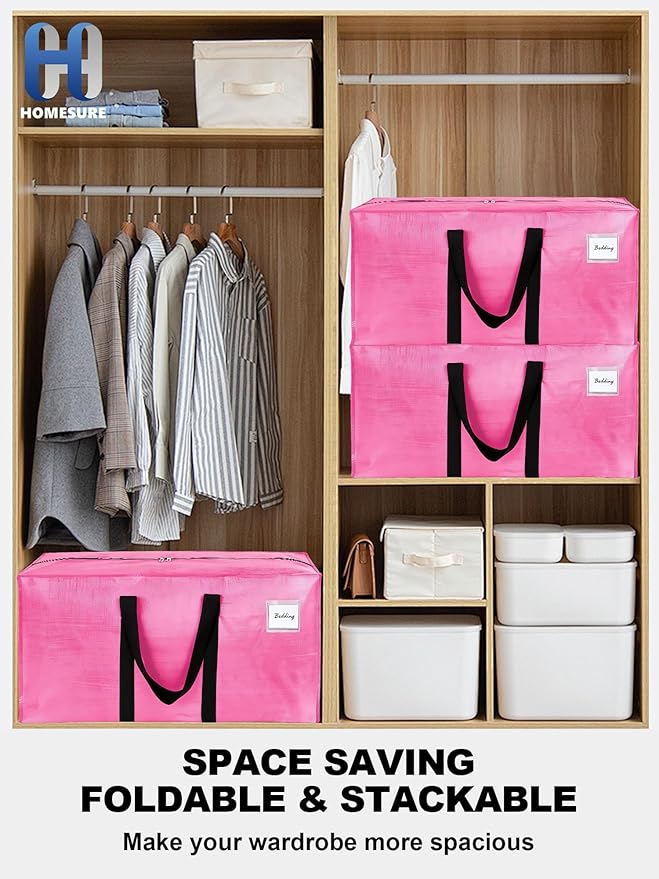 4 Pack Large Strong Moving Bags with Zippers & Carrying Handles - Water-Resistant - Heavy Duty Storage Tote for Space Saving, Fold Flat, Alternative to Moving Box (Pink)