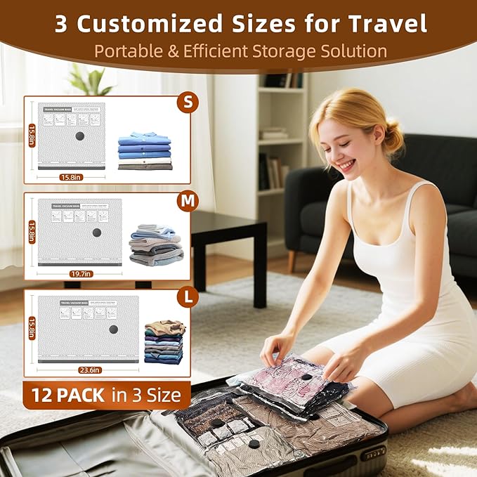 12 Pack Vacuum Bags for Travel with Rechargeable Air Pump Equipped LED Light,Vacuum Travel Bags,Vacuum Storage Bags (4L+4M+4S),80% Space Saver Vacuum Seal Bags for Blankets,Comforters,Luggage