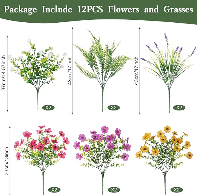 Artificial Fake Flowers for Outdoor Decoration 12 PCS Faux Silk Daisy Flowers for Outdoor Planters Fern Boxwood Monkey Grass UV Resistant for Outside Home Porch Patio Planter Decor
