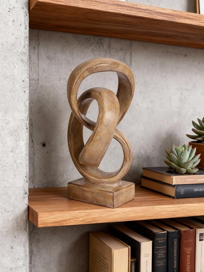 Abstract wood-toned knot sculpture, geometric decorative statue, wood-toned accent piece for living room coffee table or bookshelf surface, office TV cabinet or entryway console table decoration.