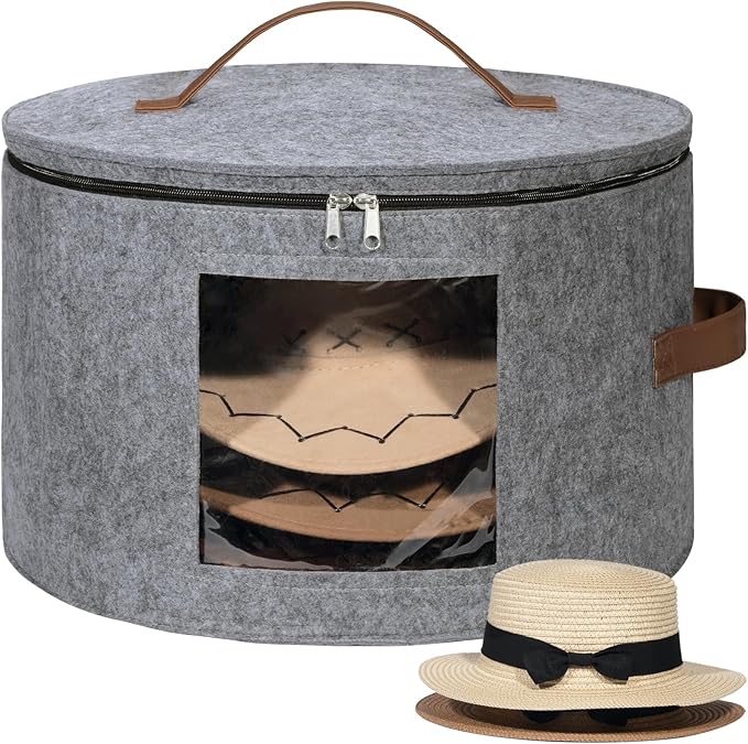 Lifewit Round Cowboy Hat Box for 7 Caps, Large Felt Hat Organizer Bag for Men&Women Storage, Baseball Cap Container with Lid for Travel, Foldable 16.5" Dx10.6 H Carrier, 37L Each, Gray 1 Pack