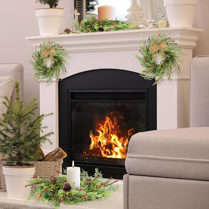 4 Pcs 9 Inch Christmas Wreaths for Kitchen Cabinet Artificial Cedar Pine Hanging Wreath with Red Berries Pine Needles for Front Door Xmas Swag Wreaths for Christmas Winter Farmhouse Home Decorations