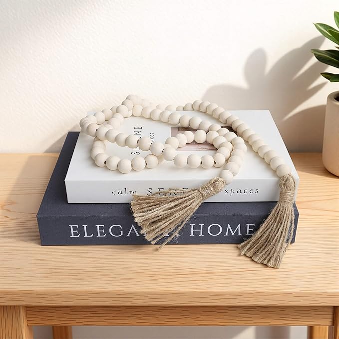 Farmhouse Beads 58in Wood Bead Garland with Tassels, Rustic Country Boho Wall Hanging Decor, Prayer Beads
