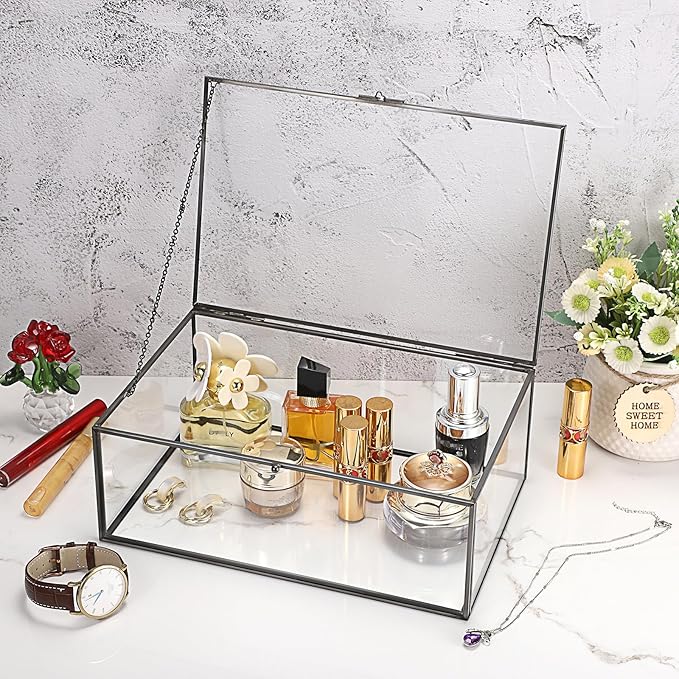Hipiwe Vintage Glass Box with Lid - Rectangle Jewelry Display Organizer Box Black Vanity Lidded Box Home Decor Accent Decorative Box for Keepsakes Trinket Rings,X-Large