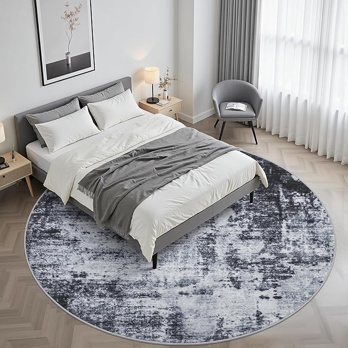 Round Area Rug for Living Room: 6 ft Washable Modern Abstract Soft Thin Rug Indoor Floor No Slip Stain Resistant Carpet for Bedroom Dining Room Farmhouse Nursery Home Office - Dark Black